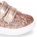 GLITTER with metal leather OKAA kids tennis shoes laceless.