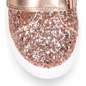 GLITTER with metal leather OKAA kids tennis shoes laceless.