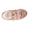 GLITTER with metal leather OKAA kids tennis shoes laceless.