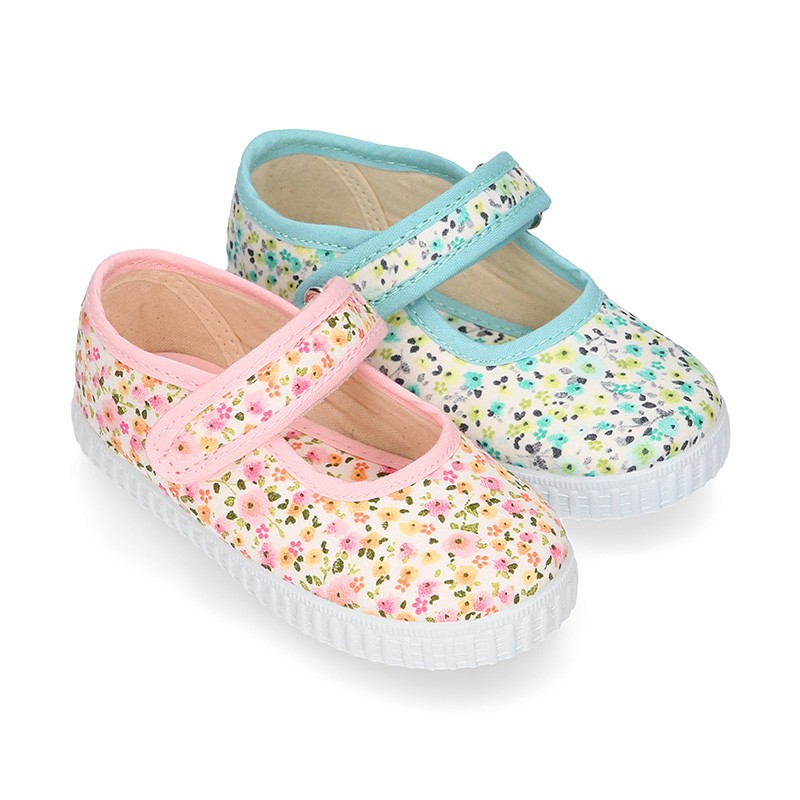 FLOWER print design Cotton canvas Girl Mary Janes.