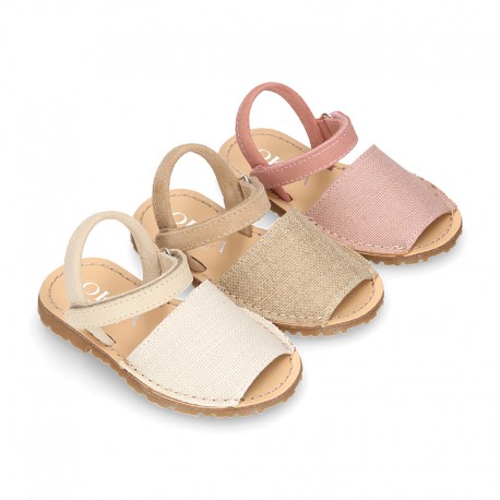 LINEN Canvas Kids Menorquina sandals with hook and loop strap.