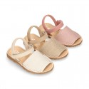 LINEN Canvas Kids Menorquina sandals with hook and loop strap.