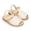 LINEN Canvas Kids Menorquina sandals with hook and loop strap.