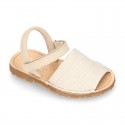 LINEN Canvas Kids Menorquina sandals with hook and loop strap.