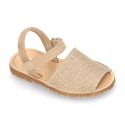 LINEN Canvas Kids Menorquina sandals with hook and loop strap.