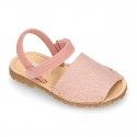 LINEN Canvas Kids Menorquina sandals with hook and loop strap.