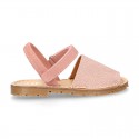 LINEN Canvas Kids Menorquina sandals with hook and loop strap.