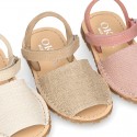 LINEN Canvas Kids Menorquina sandals with hook and loop strap.