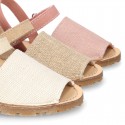 LINEN Canvas Kids Menorquina sandals with hook and loop strap.