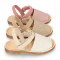 LINEN Canvas Kids Menorquina sandals with hook and loop strap.