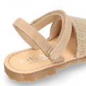 LINEN Canvas Kids Menorquina sandals with hook and loop strap.