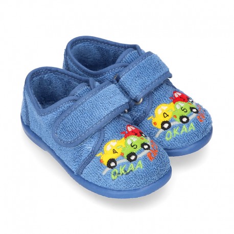 Terry cloth cotton Home shoes with CARS design and hook and loop strap closure.