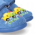 Terry cloth cotton Home shoes with CARS design and hook and loop strap closure.