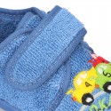 Terry cloth cotton Home shoes with CARS design and hook and loop strap closure.