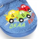 Terry cloth cotton Home shoes with CARS design and hook and loop strap closure.