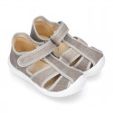 WASHED cotton canvas kids sandal shoes with hook and loop strap closure.