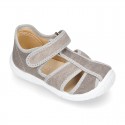 WASHED cotton canvas kids sandal shoes with hook and loop strap closure.