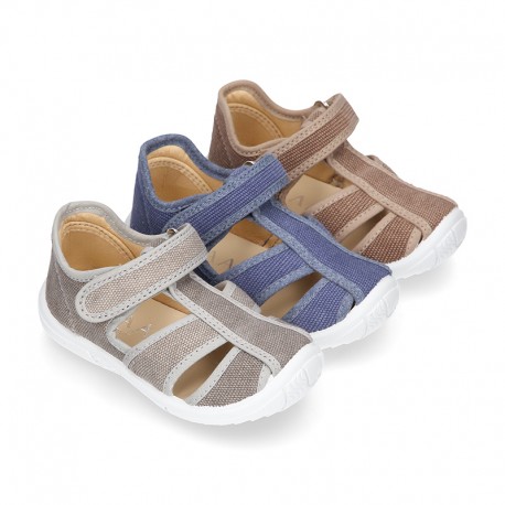 WASHED cotton canvas kids sandal shoes with hook and loop strap closure.