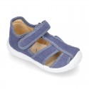 WASHED cotton canvas kids sandal shoes with hook and loop strap closure.