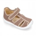 WASHED cotton canvas kids sandal shoes with hook and loop strap closure.