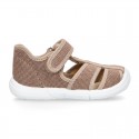 WASHED cotton canvas kids sandal shoes with hook and loop strap closure.