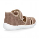 WASHED cotton canvas kids sandal shoes with hook and loop strap closure.