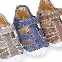 WASHED cotton canvas kids sandal shoes with hook and loop strap closure.