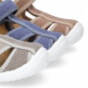 WASHED cotton canvas kids sandal shoes with hook and loop strap closure.