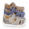 WASHED cotton canvas kids sandal shoes with hook and loop strap closure.