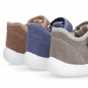 WASHED cotton canvas kids sandal shoes with hook and loop strap closure.