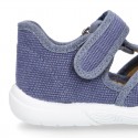 WASHED cotton canvas kids sandal shoes with hook and loop strap closure.