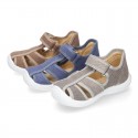WASHED cotton canvas kids sandal shoes with hook and loop strap closure.