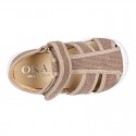 WASHED cotton canvas kids sandal shoes with hook and loop strap closure.