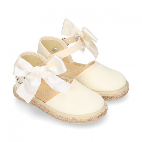 Ivory Cotton canvas little espadrille shoes with SILK RIBBON design for girls.