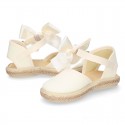 Ivory Cotton canvas little espadrille shoes with SILK RIBBON design for girls.