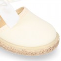 Ivory Cotton canvas little espadrille shoes with SILK RIBBON design for girls.