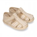 Stripes print Cotton canvas kids Sandal T-Strap espadrille shoes with hook and loop strap.