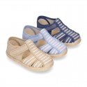 Stripes print Cotton canvas kids Sandal T-Strap espadrille shoes with hook and loop strap.