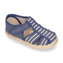 Stripes print Cotton canvas kids Sandal T-Strap espadrille shoes with hook and loop strap.