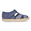 Stripes print Cotton canvas kids Sandal T-Strap espadrille shoes with hook and loop strap.