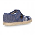 Stripes print Cotton canvas kids Sandal T-Strap espadrille shoes with hook and loop strap.
