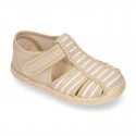 Stripes print Cotton canvas kids Sandal T-Strap espadrille shoes with hook and loop strap.