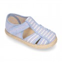 Stripes print Cotton canvas kids Sandal T-Strap espadrille shoes with hook and loop strap.