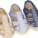 Stripes print Cotton canvas kids Sandal T-Strap espadrille shoes with hook and loop strap.