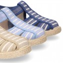 Stripes print Cotton canvas kids Sandal T-Strap espadrille shoes with hook and loop strap.