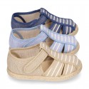 Stripes print Cotton canvas kids Sandal T-Strap espadrille shoes with hook and loop strap.