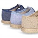 Stripes print Cotton canvas kids Sandal T-Strap espadrille shoes with hook and loop strap.