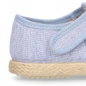 Stripes print Cotton canvas kids Sandal T-Strap espadrille shoes with hook and loop strap.