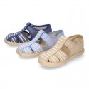 Stripes print Cotton canvas kids Sandal T-Strap espadrille shoes with hook and loop strap.