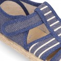 Stripes print Cotton canvas kids Sandal T-Strap espadrille shoes with hook and loop strap.